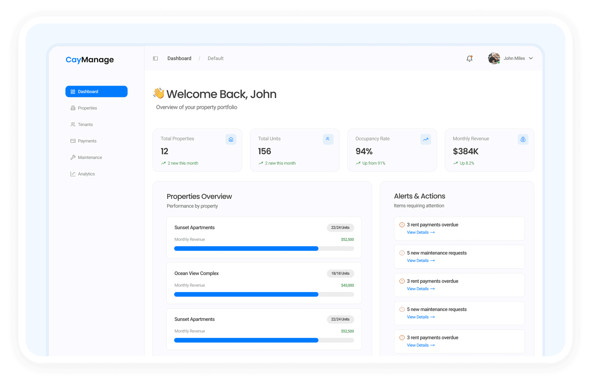 CayManage dashboard preview