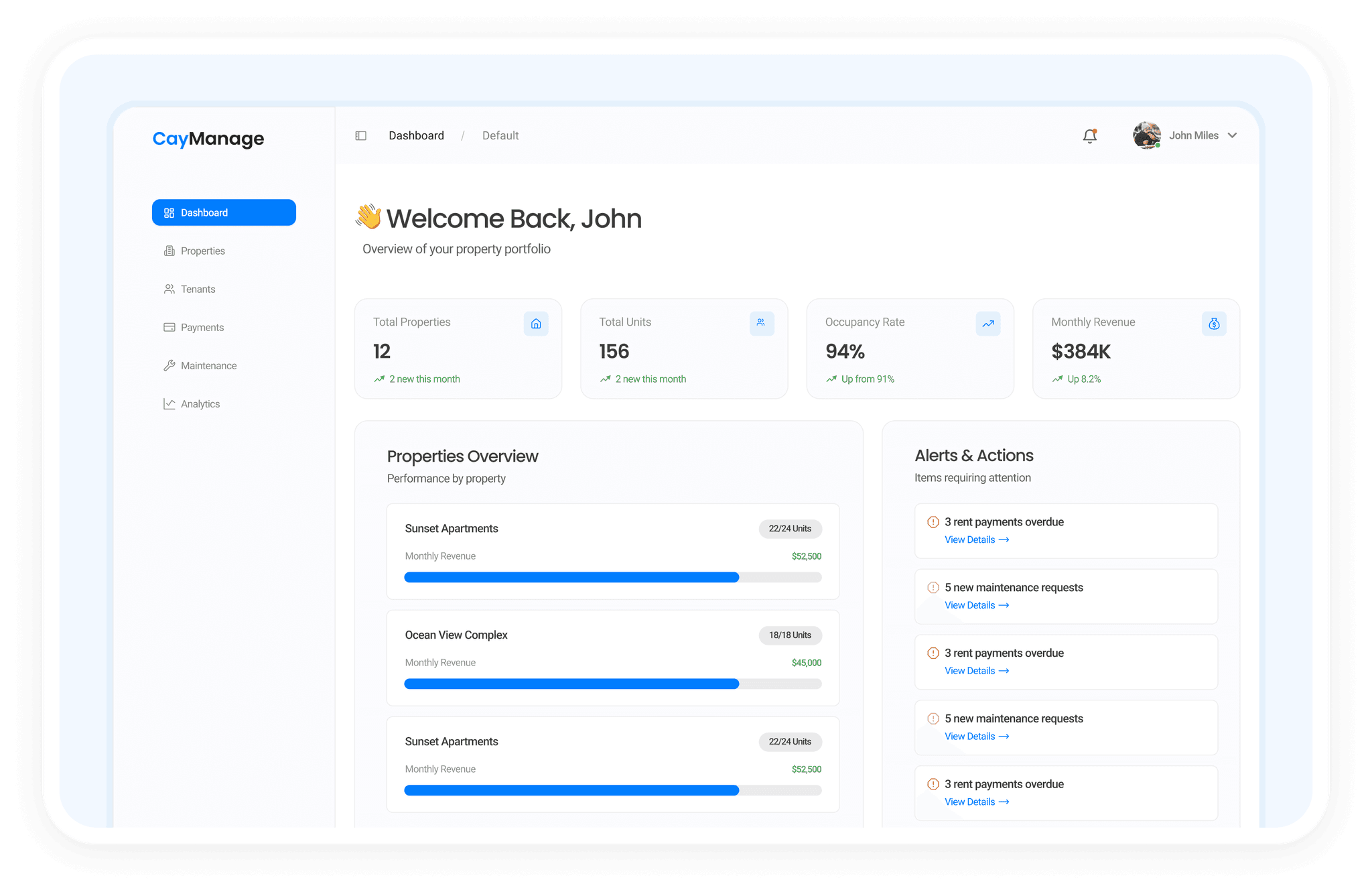 CayManage dashboard preview